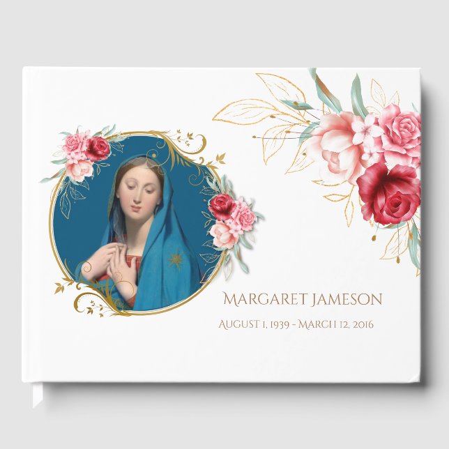Floral Virgin Mary Funeral Memorial Guest Book (Front)
