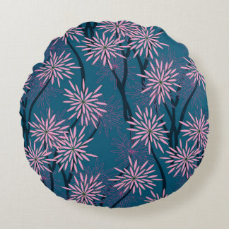 Floral wallpaper: Asian navy blue, pink. Round Pillow