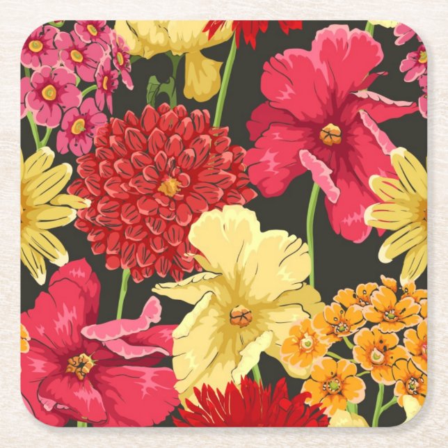 Floral wallpaper in watercolor style square paper coaster (Front)