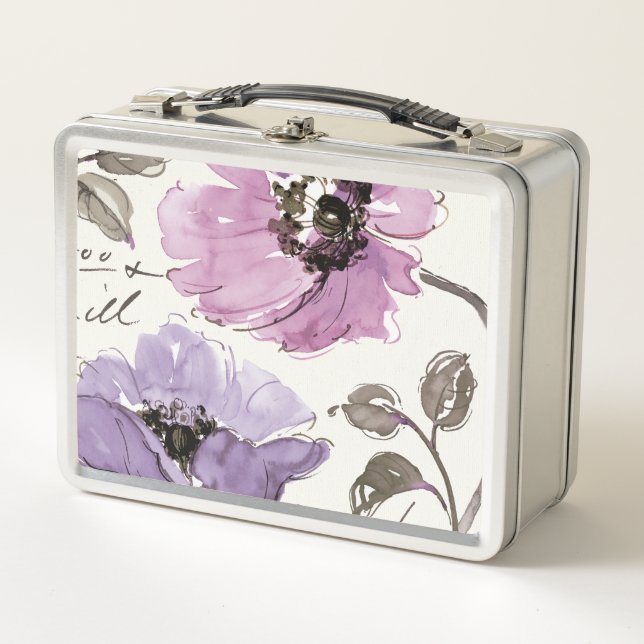 Floral Waltz Plum Watercolor Flowers Metal Lunch Box (Front)