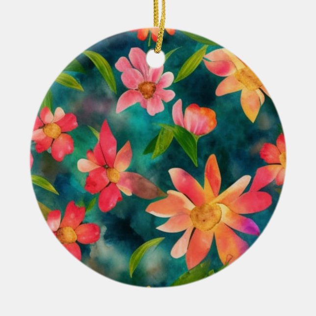 Floral Water Colour Pattern Design Ceramic Ornament (Front)