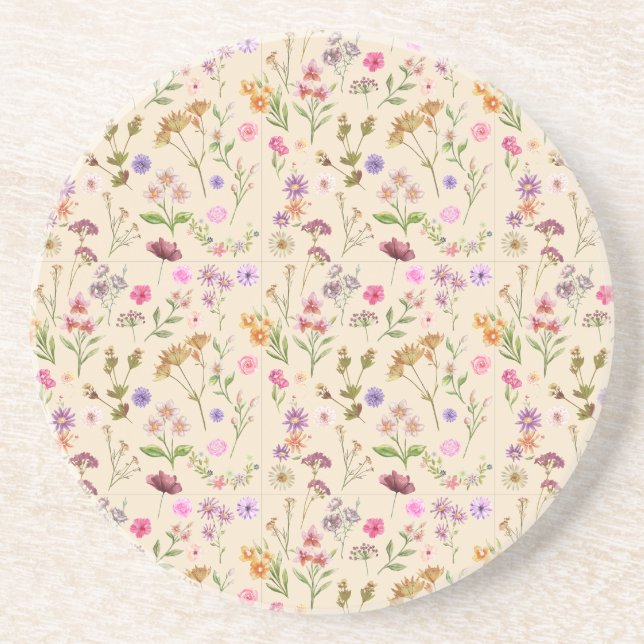 floral water colour pattern- pink, purple, green- coaster (Front)