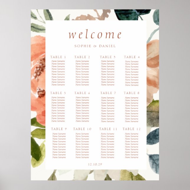 Floral Watercolor 12 Table Wedding Poster (Front)