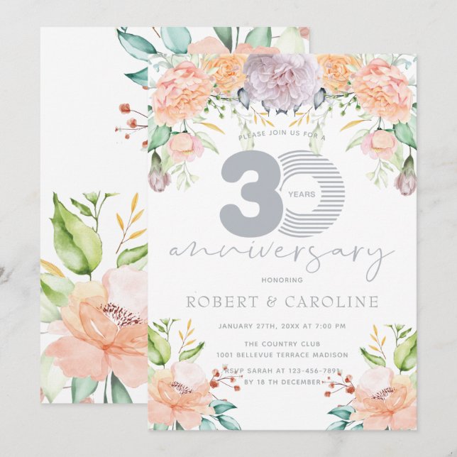 Floral Watercolor 30th Wedding Anniversary Invitation (Front/Back)