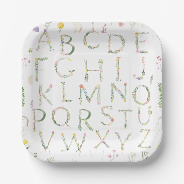 Floral Watercolor Alphabet Paper Plate (Front)