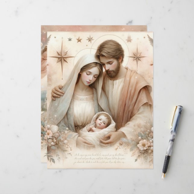 Floral Watercolor Baby Jesus  Scrapbook Paper (Front/Back In Situ)