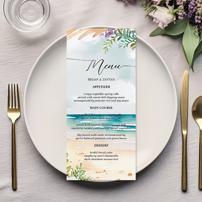 Floral Watercolor Beach Scene Summer Wedding Menu (Creator Uploaded)