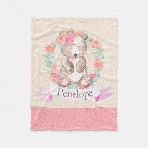 Floral Watercolor Bear Baby Nursery Baby Fleece Blanket