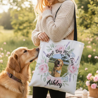 Floral Watercolor Best Dog Mom Ever Photo Tote Bag
