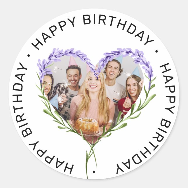 Floral Watercolor Birthday Custom Photo  Classic Round Sticker (Front)