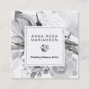 *~* Floral Watercolor Black White Grey Bouquet Square Business Card