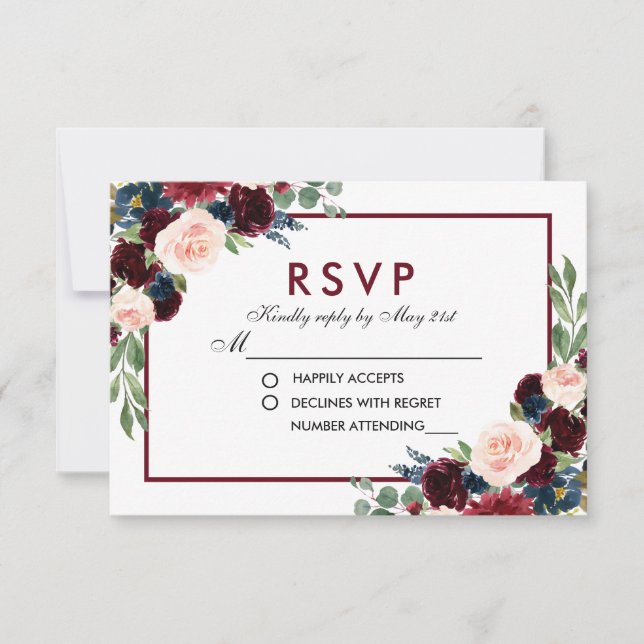 Floral Watercolor Blue Burgundy Wedding RSVP (Front)