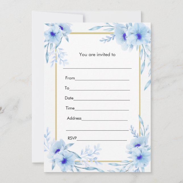 Floral Watercolor Blue Gold Invitation Fill In (Front)
