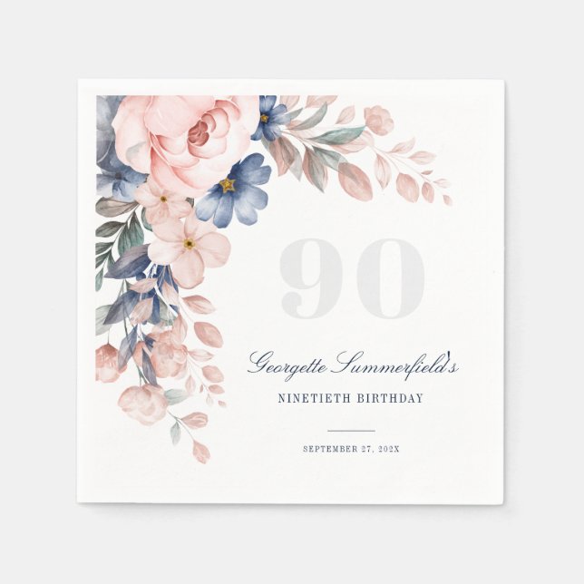 Floral Watercolor Blush Pink 90th Birthday Napkin (Front)