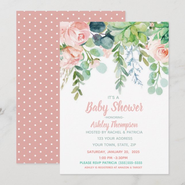 Floral Watercolor Blush Pink Baby Shower Invitation (Front/Back)