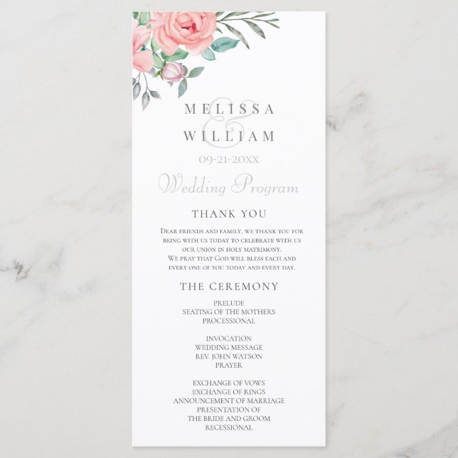 Floral Watercolor Blush Wedding Program (Front)