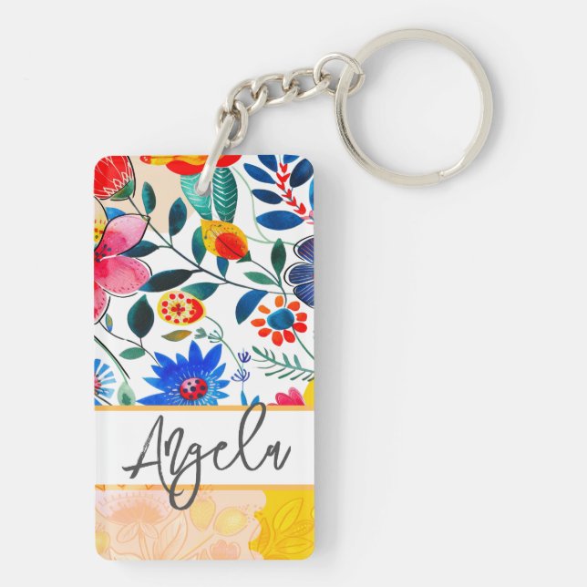 Floral Watercolor Boho Colourful Keepsake Keychain (Back)