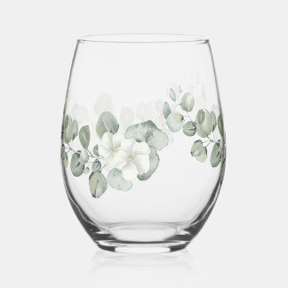 Floral Watercolor Botanical Eucalyptus Greenery Stemless Wine Glass