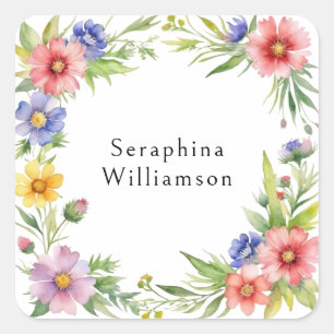 Floral Watercolor Botanical Personalized Name Square Sticker