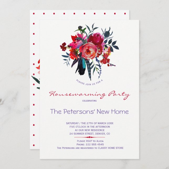 Floral watercolor bouquet housewarming party invitation (Front/Back)