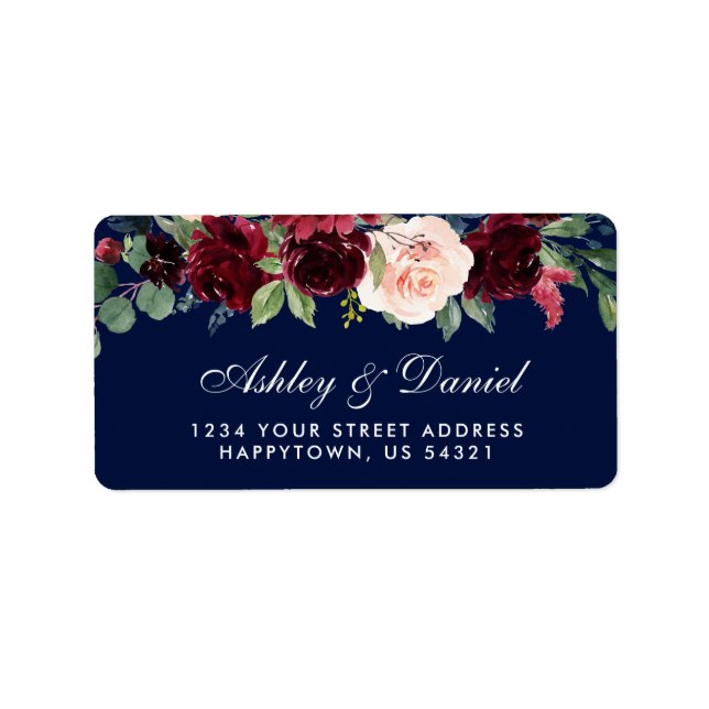 Floral Watercolor Burgundy Blue Wedding Address Label (Front)