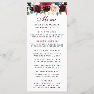 Floral Watercolor Burgundy Blue Wedding Menu