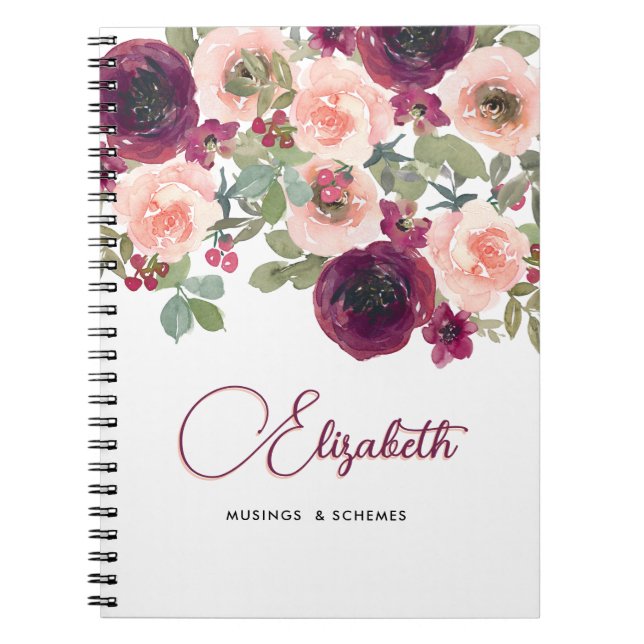 Floral Watercolor Burgundy Blush Peonies Custom Notebook (Front)
