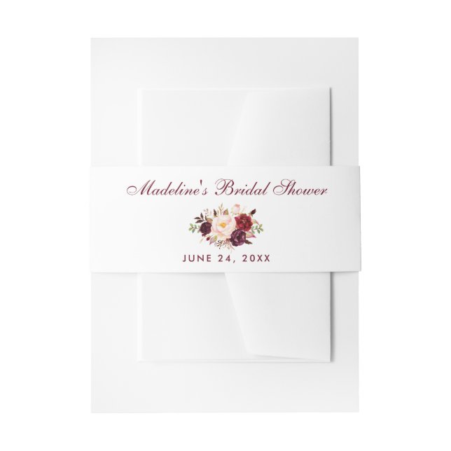 Floral Watercolor Burgundy Bridal Shower Invitation Belly Band (Front Example)