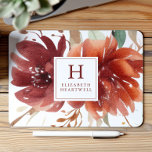 Floral Watercolor Burgundy Burnt Orange Monogram Mouse Pad<br><div class="desc">This design features a watercolor floral bouquet of burgundy and burnt orange flowers. Customize it with your monogram initial and name in burgundy serif font framed by a white square.</div>