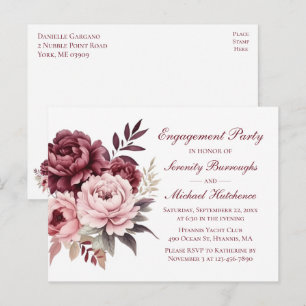 Floral Watercolor Burgundy Peony Engagement Party Postcard