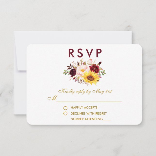 Floral Watercolor Burgundy Wedding Gold RSVP (Front)