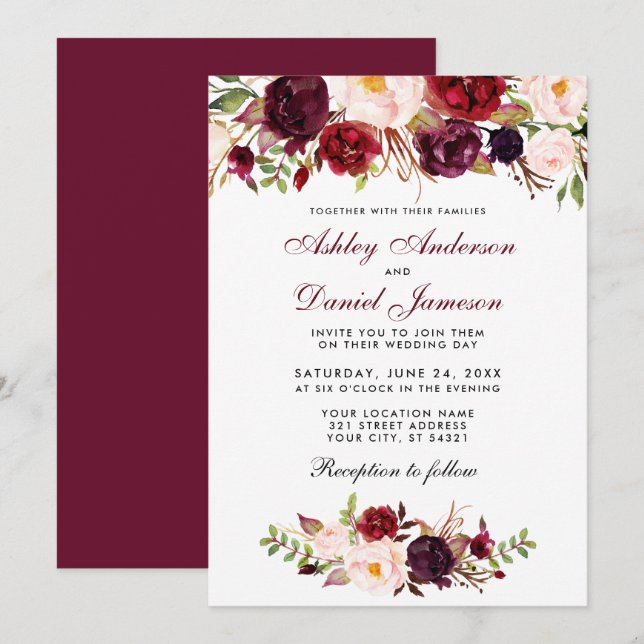 Floral Watercolor Burgundy Wedding Invitation BT (Front/Back)