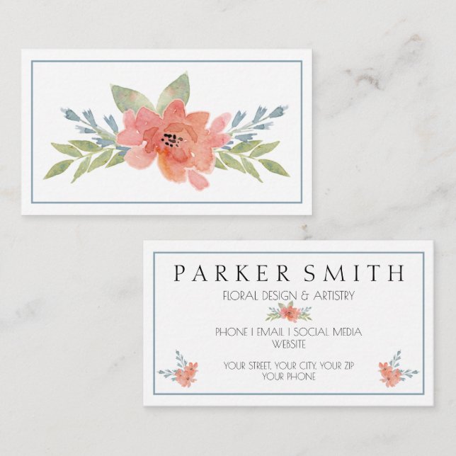 Floral Watercolor Business Card Blue (Front/Back)