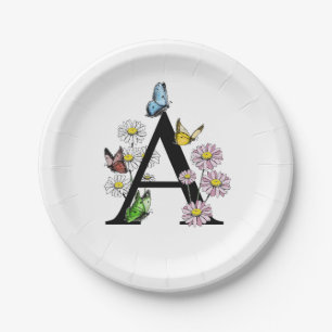 Floral Watercolor Butterfly Monogram Letter A   Paper Plate