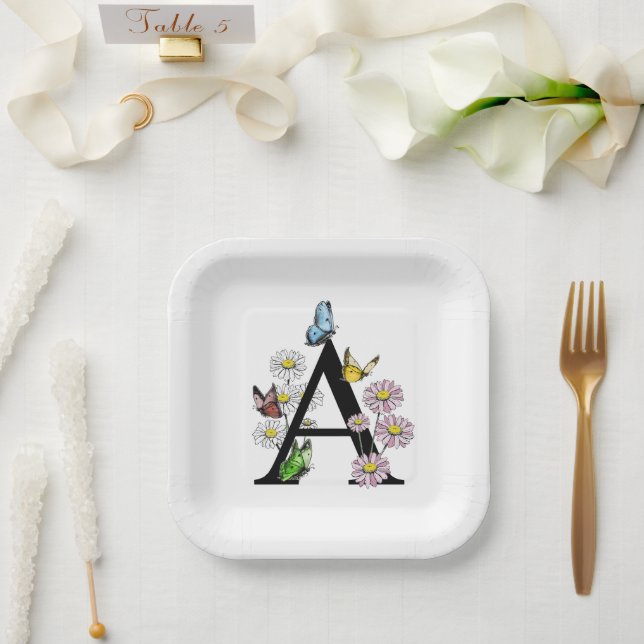 Floral Watercolor Butterfly Monogram Letter A    Paper Plate (Wedding)