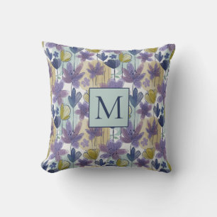 floral Watercolor Colourful Pattern Monogram Throw Pillow