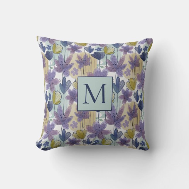  floral Watercolor Colourful Pattern Monogram Throw Pillow (Front)