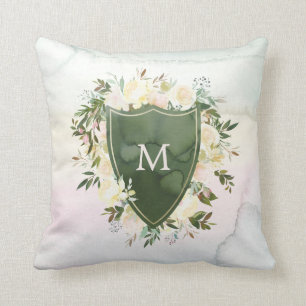 Floral Watercolor Crest   Green with Monogram Throw Pillow