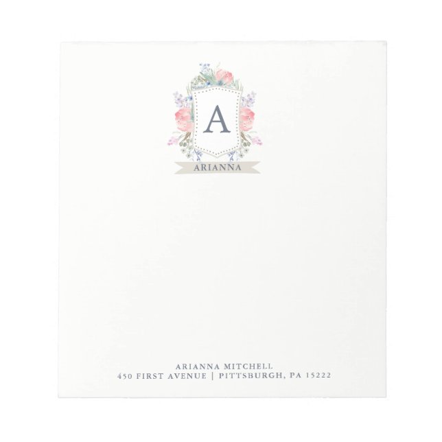 Floral Watercolor Crest with Monogram Notepad (Front)