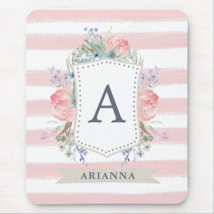 Floral Watercolor Crest with Monogram   Stripe Mouse Pad