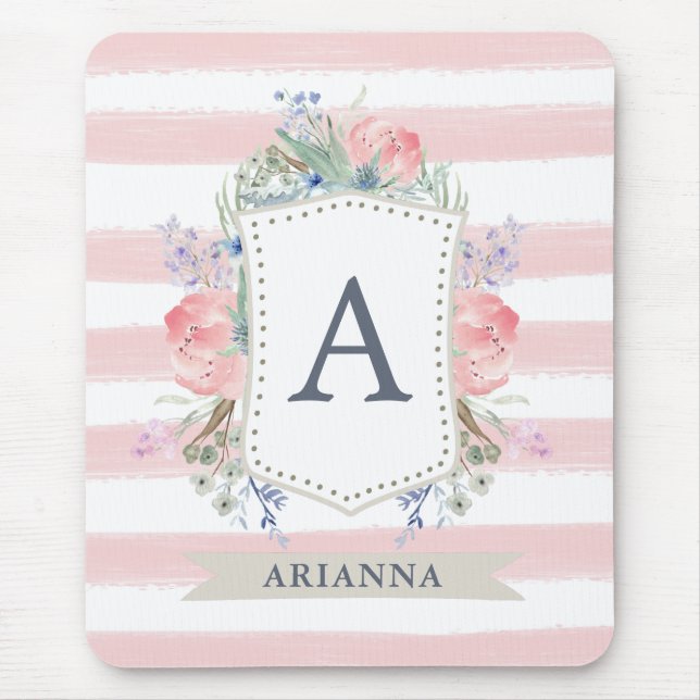 Floral Watercolor Crest with Monogram | Stripe Mouse Pad (Front)