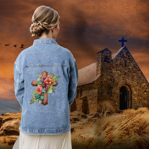 Floral Watercolor Cross Denim Jacket
