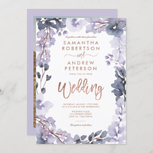 Floral watercolor dusty lavender photo wedding invitation