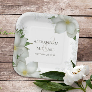 Floral Watercolor Elegant Magnolia Flower Blooms Paper Plate