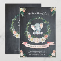 Floral watercolor Elephant Invitation, Baby 2nd