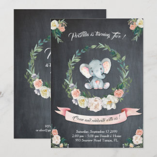 Floral watercolor Elephant Invitation, Baby 2nd Invitation