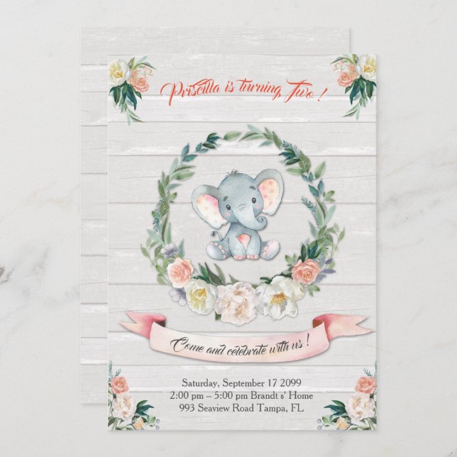 Floral watercolor Elephant Invitation, Baby 2nd Invitation (Front/Back)