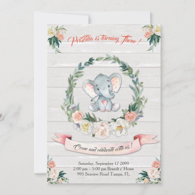 Floral watercolor Elephant Invitation, Baby 3rd Invitation (Front)