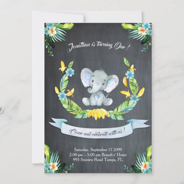 Floral watercolor Elephant Invitation,Baby boy 1st Invitation (Front)
