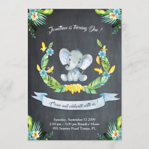 Floral watercolor Elephant Invitation,Baby boy 1st Invitation